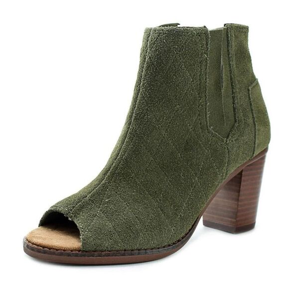 Brand New in Box TOMS Majorca Peep Toe Olive Suede Quilted Boots Size 5 - Picture 1 of 16